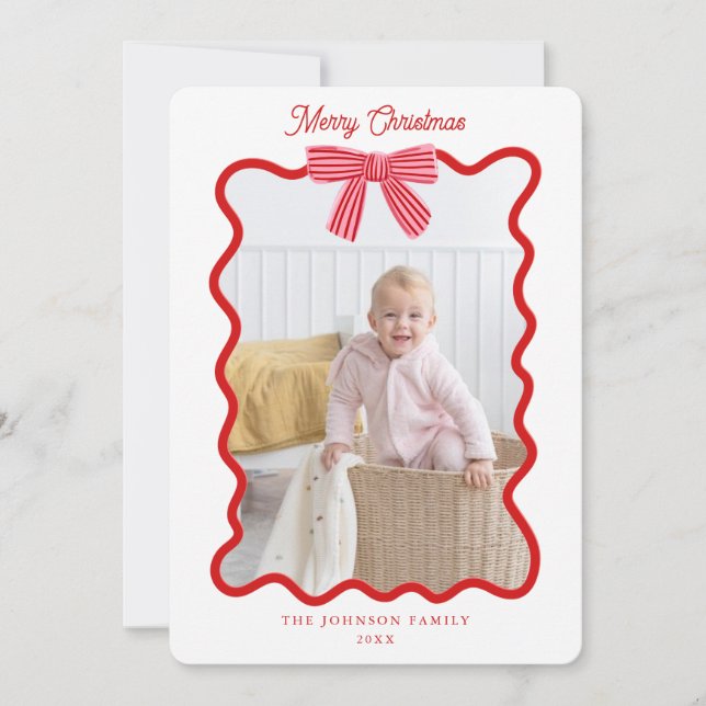 Cute Ribbon and Red bow Christmas Photo  Holiday Card (Front)