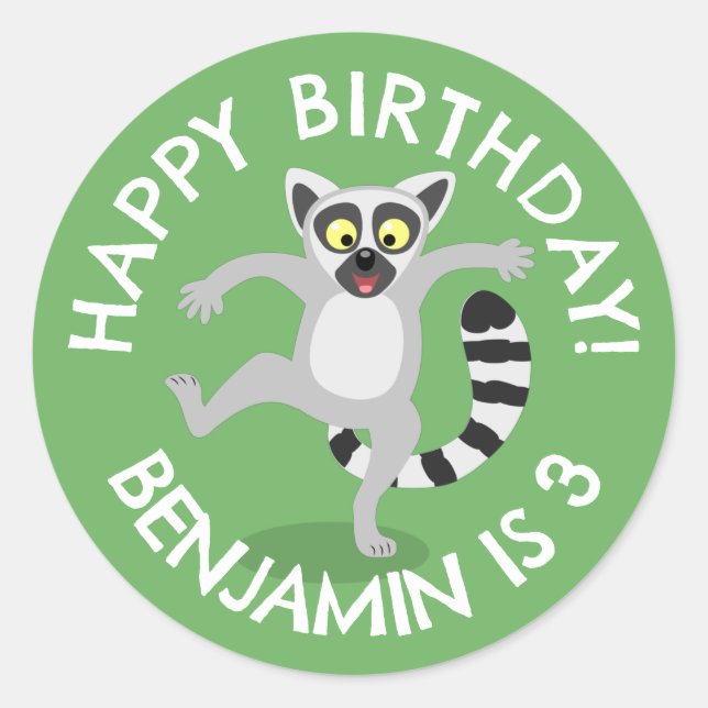 Cute ring tail lemur cartoon personalized birthday classic round sticker (Front)