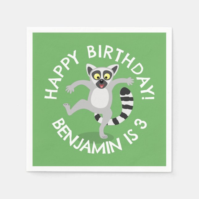 Cute ring tail lemur cartoon personalized birthday napkins (Front)
