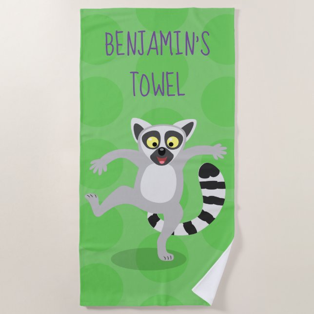 Cute ring tail lemur dancing cartoon illustration beach towel (Front)