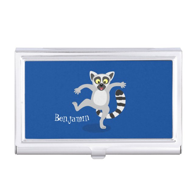 Cute ring tail lemur dancing cartoon illustration business card case (Front)