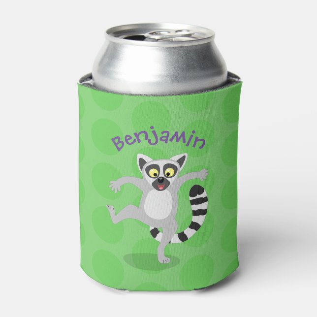 Cute ring tail lemur dancing cartoon illustration can cooler (Can Front)