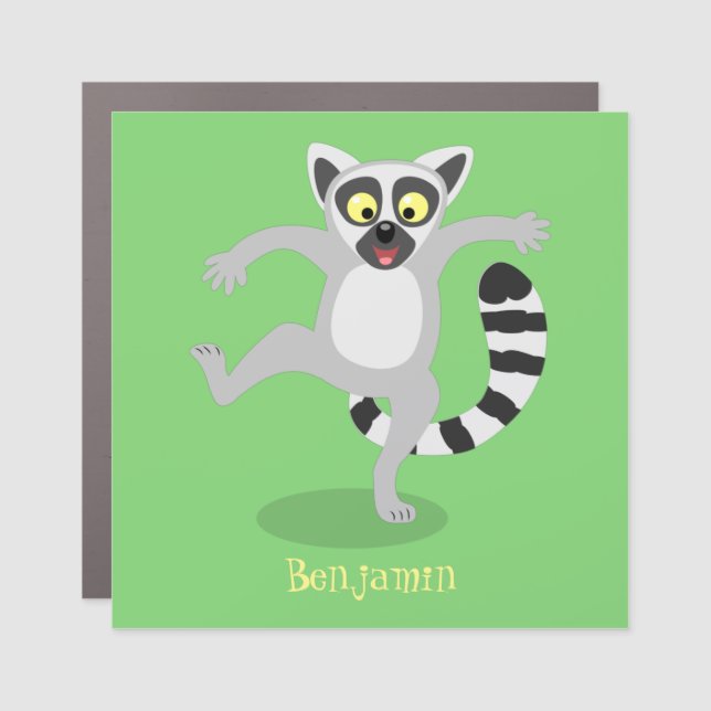 Cute ring tail lemur dancing cartoon illustration car magnet (Front)