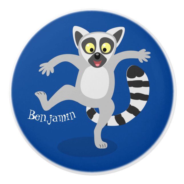 Cute ring tail lemur dancing cartoon illustration ceramic knob (Front)