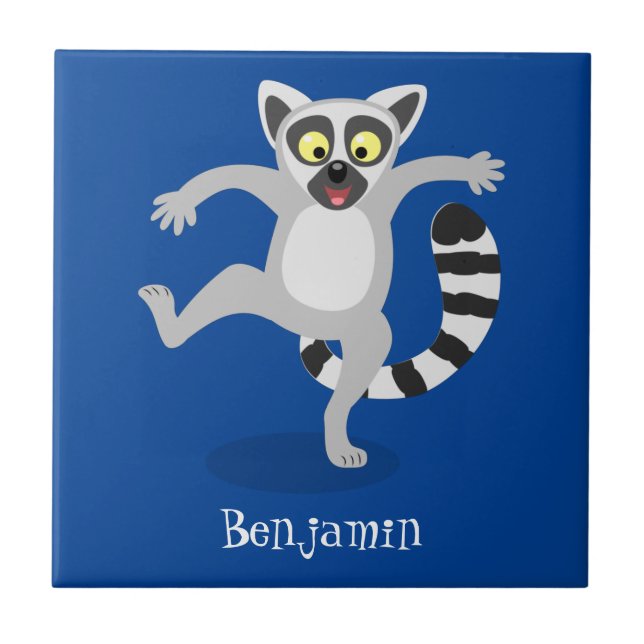 Cute ring tail lemur dancing cartoon illustration ceramic tile (Front)