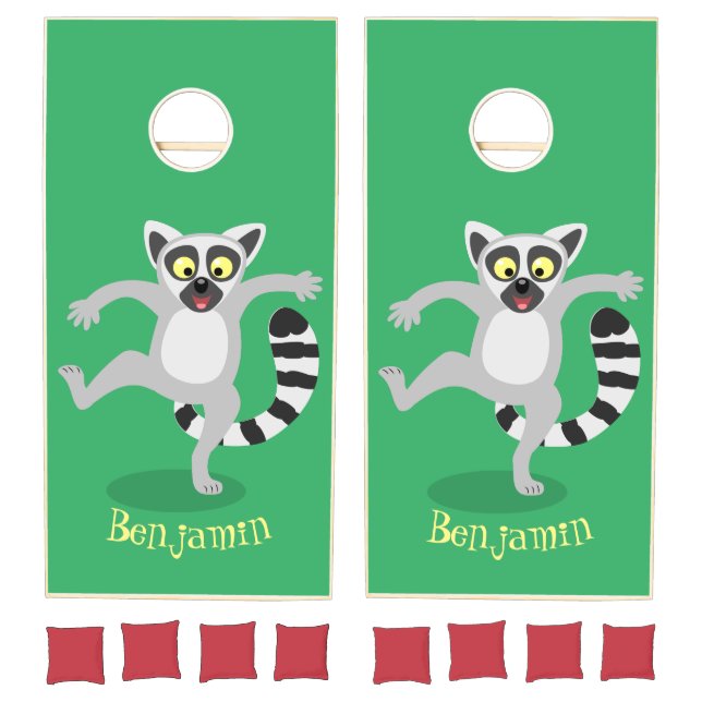 Cute ring tail lemur dancing cartoon illustration cornhole set (Set)