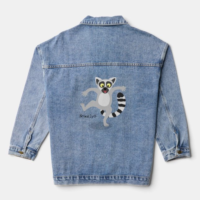 Cute ring tail lemur dancing cartoon illustration denim jacket (Back)