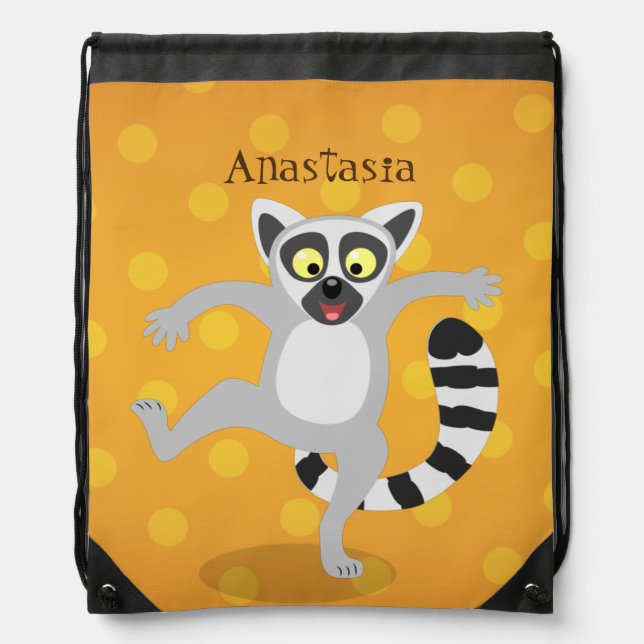 Cute ring tail lemur dancing cartoon illustration drawstring bag (Front)