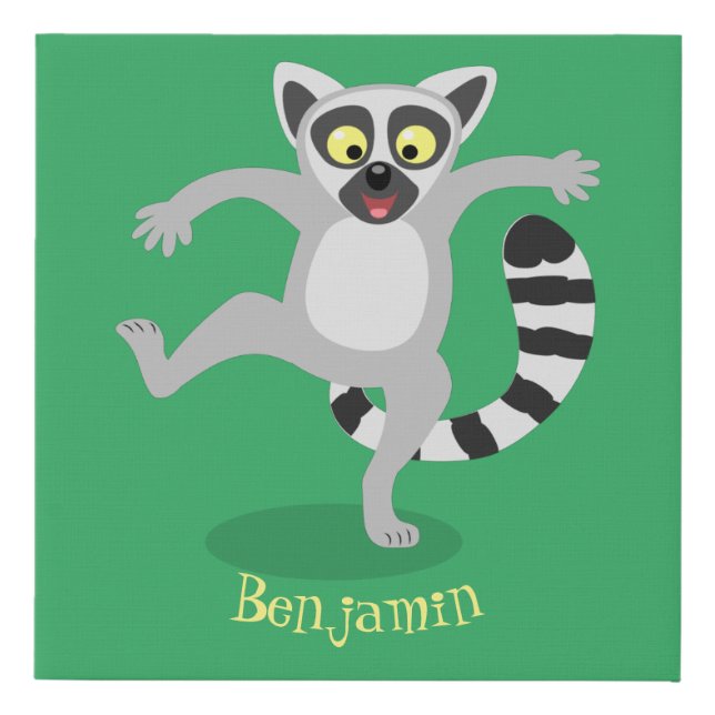Cute ring tail lemur dancing cartoon illustration faux canvas print (Front)