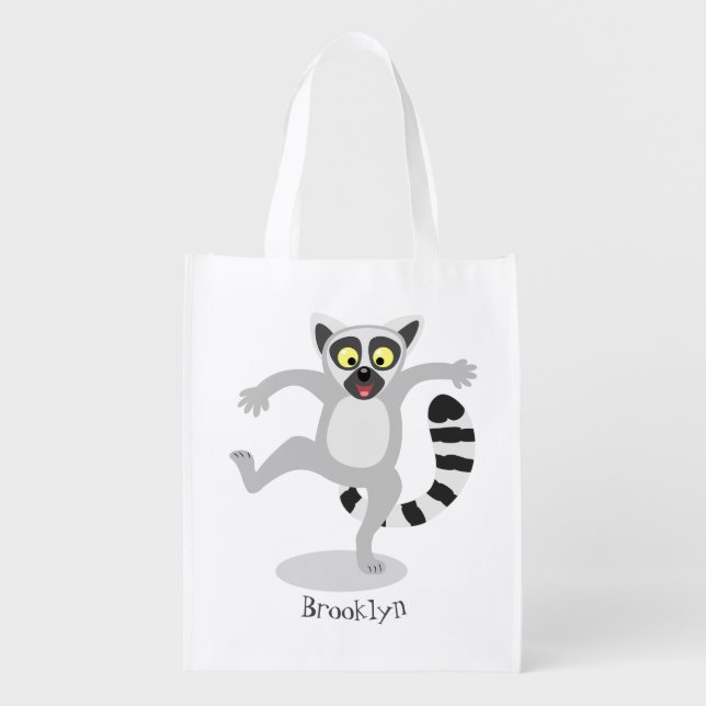 Cute ring tail lemur dancing cartoon illustration grocery bag (Front)