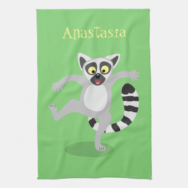 Cute ring tail lemur dancing cartoon illustration kitchen towel (Vertical)