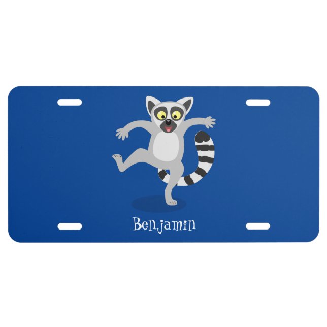 Cute ring tail lemur dancing cartoon illustration license plate (Front)
