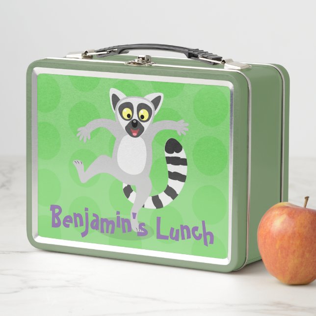 Cute ring tail lemur dancing cartoon illustration metal lunch box (In Situ)