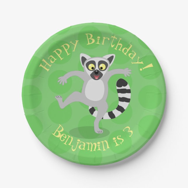 Cute ring tail lemur dancing cartoon illustration paper plates (Front)