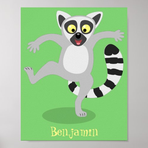 Cute ring tail lemur dancing cartoon illustration poster
