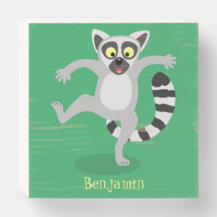 Cute ring tail lemur dancing cartoon illustration wooden box sign