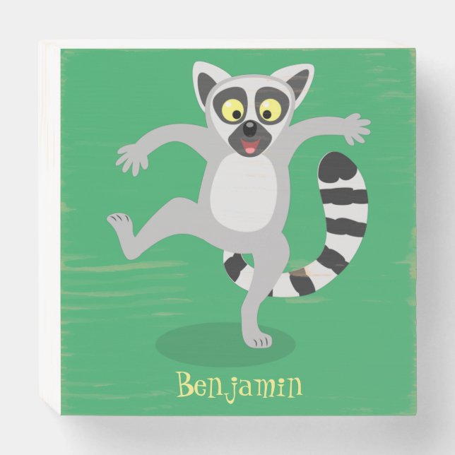 Cute ring tail lemur dancing cartoon illustration wooden box sign (Front Horizontal)