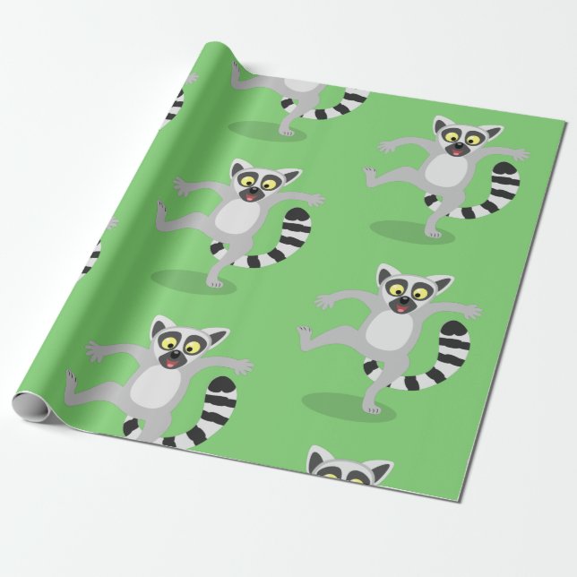 Cute ring tail lemur dancing cartoon illustration wrapping paper (Unrolled)