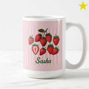 Cute Risograph Strawberries & Stripes Custom Name Coffee Mug
