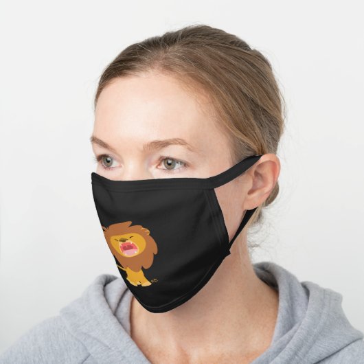 Cute Roaring Cartoon Lion Black Cotton Face Mask (Angled)