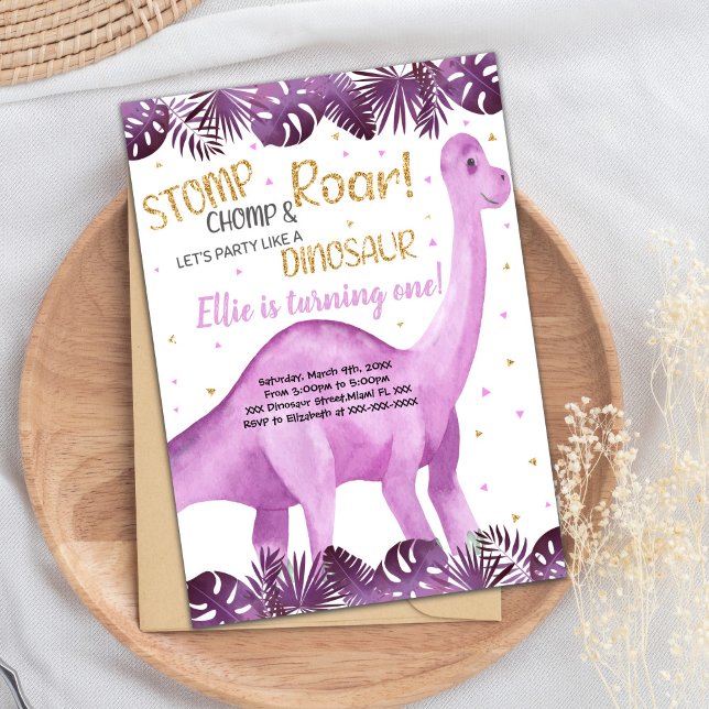 Cute Roarsome Party Card for Girls (Pink Glitter Dinosaur Birthday Invitations)