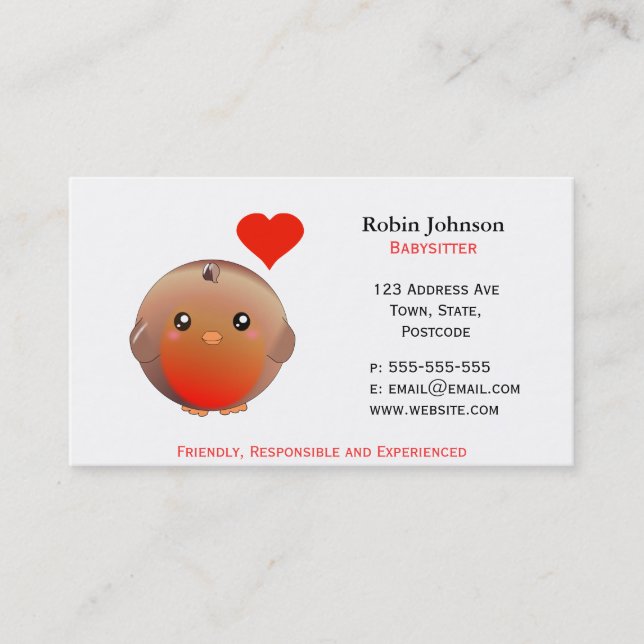 Cute Robin Bird childcare / animal care Business Card (Front)