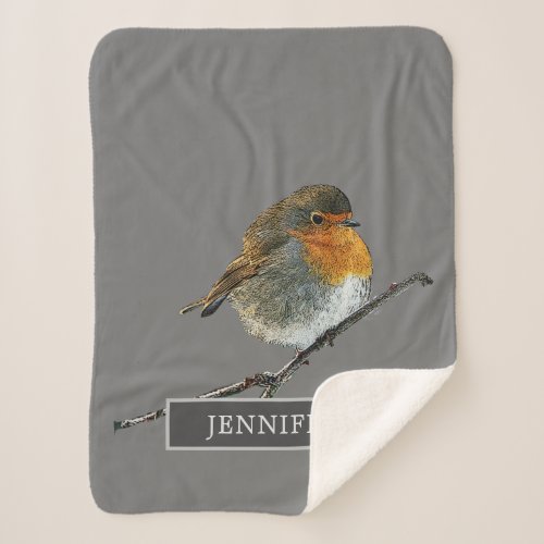 Cute Robin bird family monogrammed gray Sherpa Blanket
