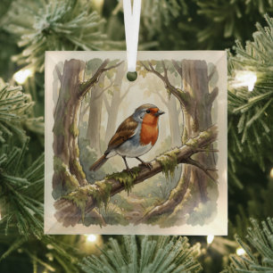 Cute robin bird in old forest glass ornament