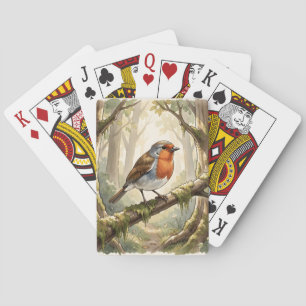 Cute robin bird in old forest poker cards