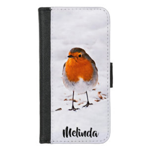 Cute Robin bird in snow add your name iPhone 8/7 Wallet Case