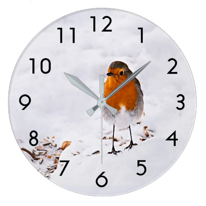 Cute Robin bird in snow Large Clock | Zazzle.com