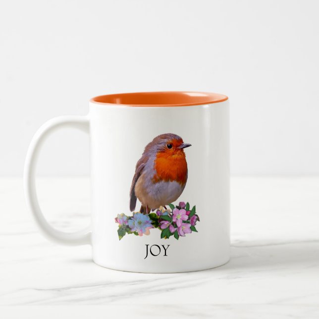 Cute Robin Bird & Personalized Text Two-Tone Coffe Coffee Mug (Left)