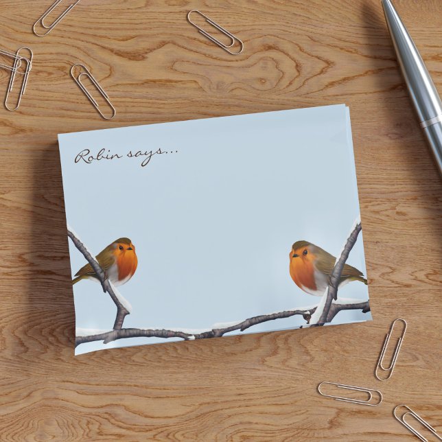 Cute Robin Bird Personalized Winter Blue Post-it Notes (Two Christmas Robins sat on a snowy branch chatting about how much they'd like to come home with you)