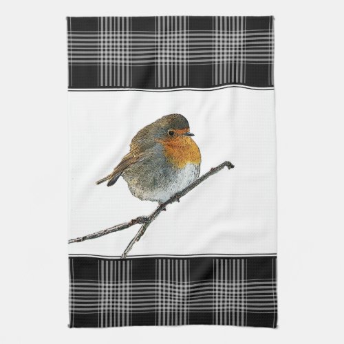 Cute Robin Bird Redbreast buffalol plaid border Towel