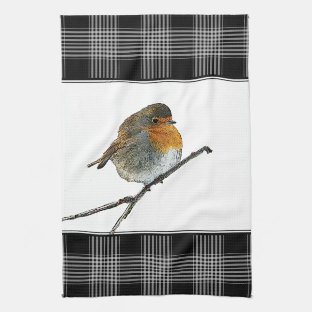 Cute Robin Bird Redbreast buffalol plaid border Towel (Vertical)