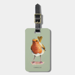 Cute Robin Bird Watercolor Portrait Personalized Luggage Tag