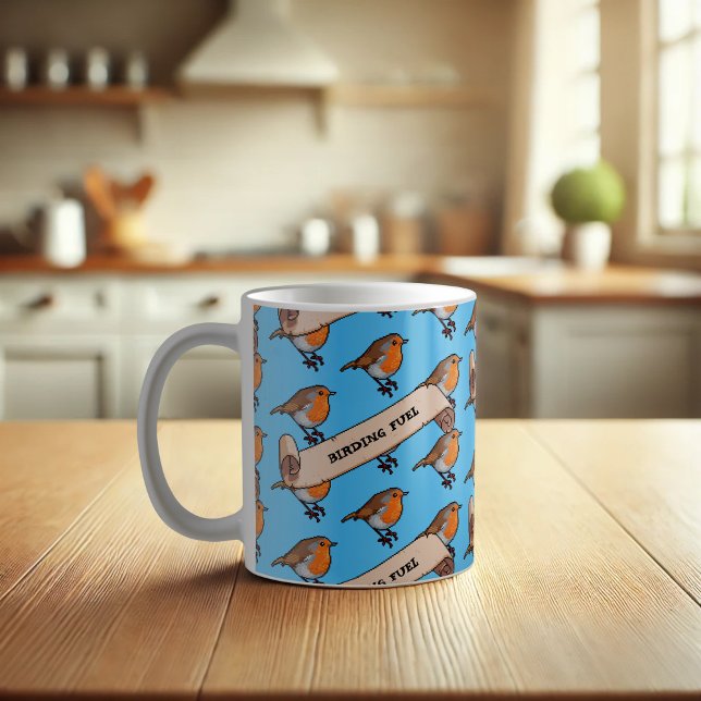 Cute Robin Birding Fuel Retro Pixel Art Pattern Coffee Mug (Creator Uploaded)