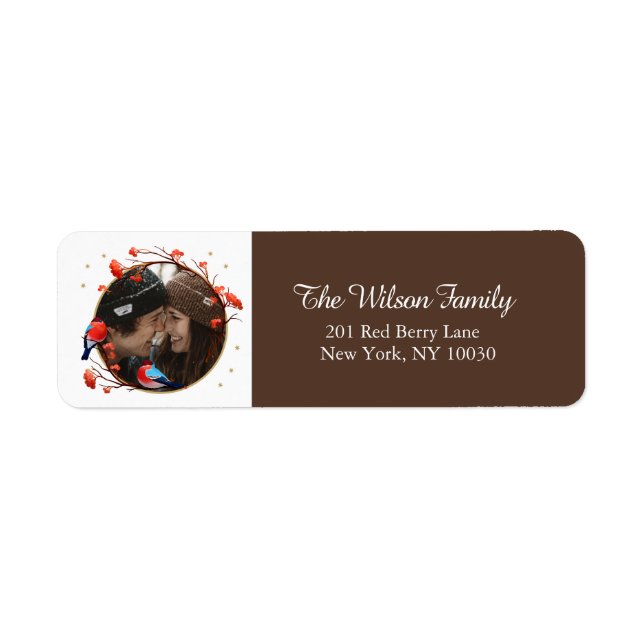 Cute Robin Birds Berries Wreath Christmas Photo Label (Front)