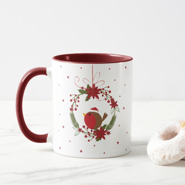 Cute robin Christmas wreath hanging decoration Mug (With Donut)