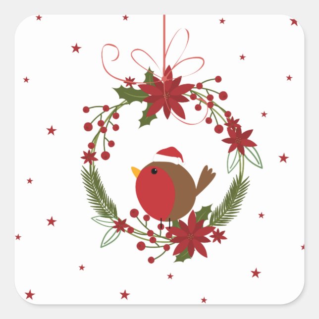 Cute robin Christmas wreath hanging decoration Square Sticker (Front)