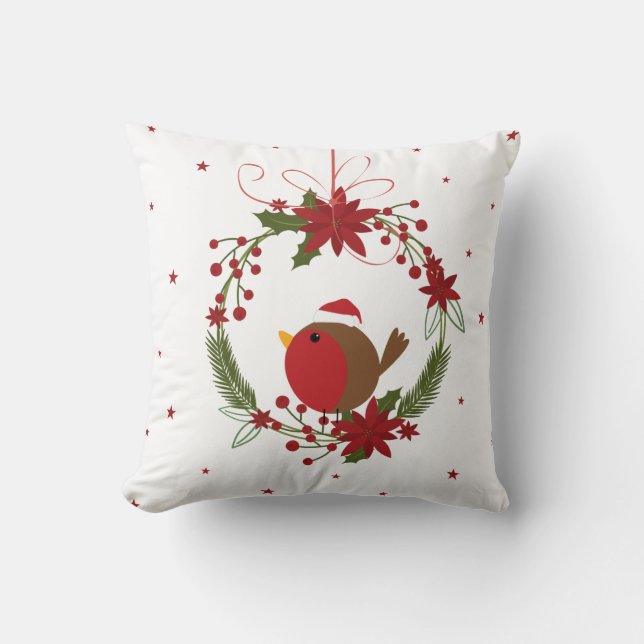 Cute robin Christmas wreath hanging decoration Throw Pillow (Front)