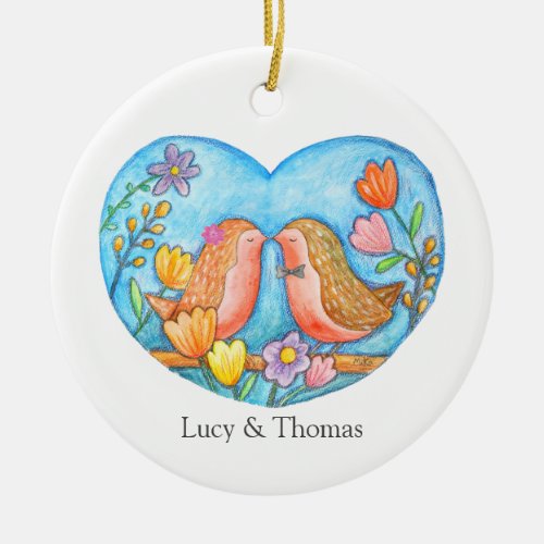 Cute Robin Couple Custom First Christmas Together Ceramic Ornament