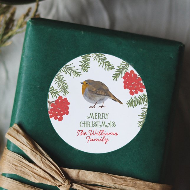 Cute Robin Family Name Christmas Classic Round Sticker (Creator Uploaded)