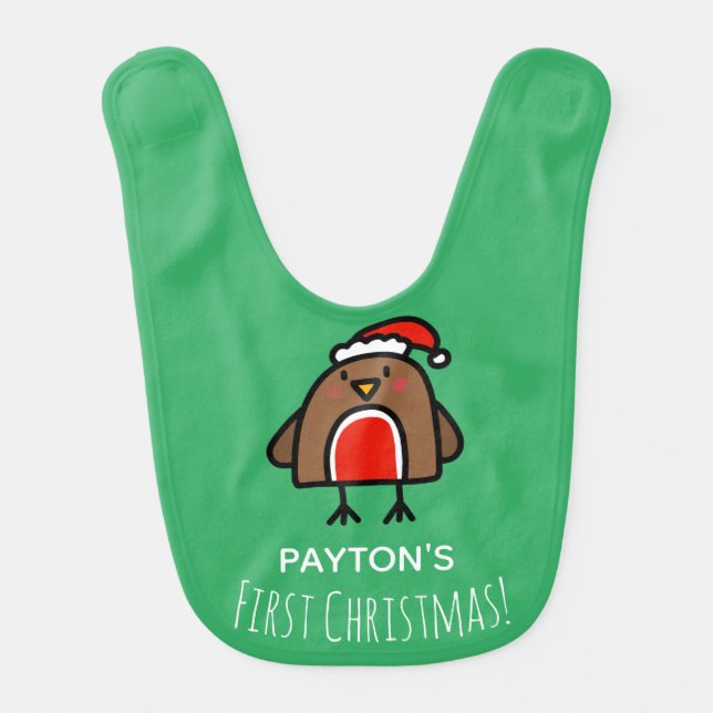 Cute Robin First Christmas Personalised Baby Bib (Front)