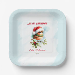 Cute Robin In Santa Hat Classic Christmas Square Paper Plates