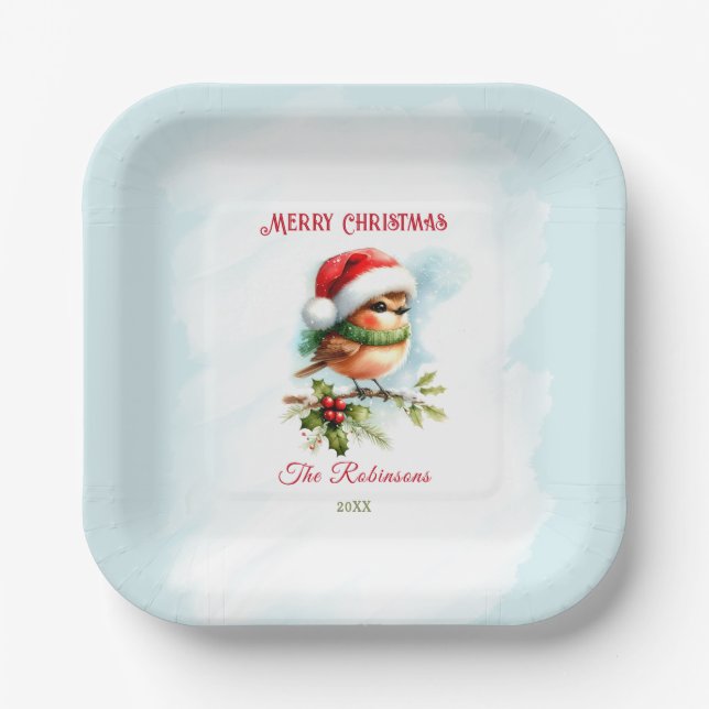 Cute Robin In Santa Hat Classic Christmas Square Paper Plates (Front)