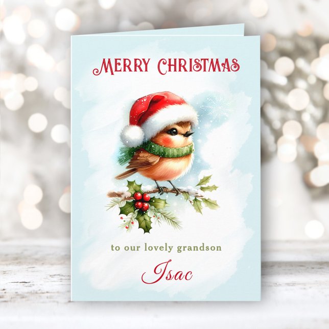 Cute Robin In Santa Hat Grandson Kids Christmas Card (Cute Robin In Santa Hat Grandson Kids Christmas Card)