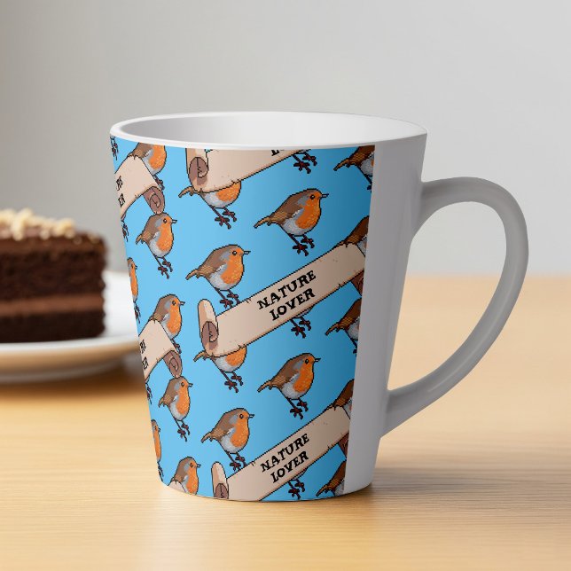 Cute Robin Nature Lover Retro Pixel Art Pattern Latte Mug (Creator Uploaded)