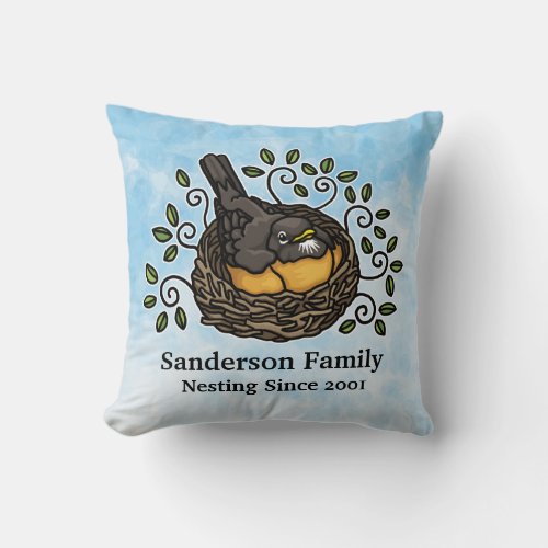 Cute Robin Nesting Add Your Family Name and Date Throw Pillow