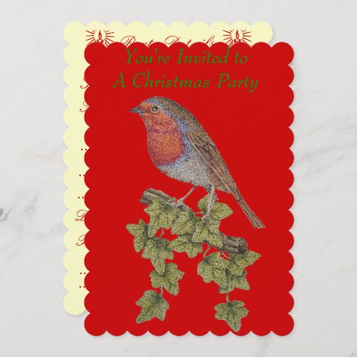 cute robin perched on ivy at christmas party invitation